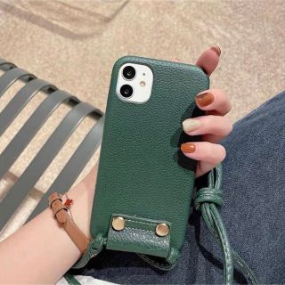 iPhoneケース　iPhone7/8/SE2/SE3他　ショルダー　レザー　緑(iPhoneケース)