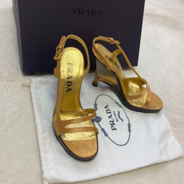 美品 PRADA 箱付き ミュール サンダル サテン ゴールド ラウンド www