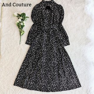 アンドクチュール(And Couture)の未使用級 アンドクチュール アニマルドット柄 ボウタイ ワンピース M 黒(ロングワンピース/マキシワンピース)