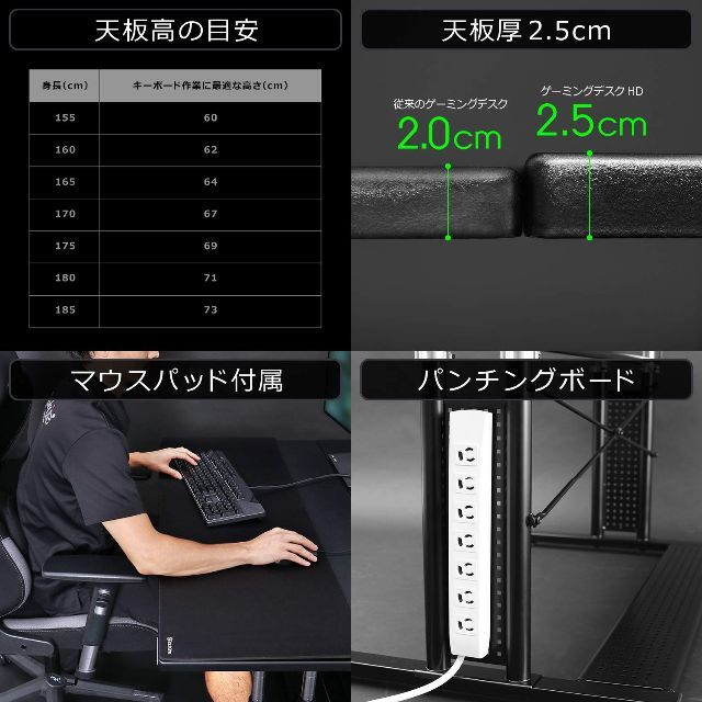 Bauhutte バウヒュッテ ゲーミングデスクHD 昇降式 ミドル 上下昇降