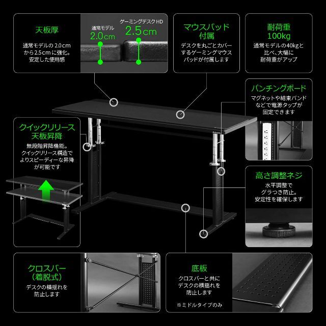 Bauhutte バウヒュッテ  ゲーミングデスクHD 昇降式 ミドル 上下昇降 8