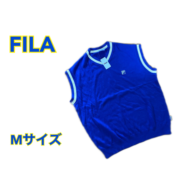 FILA(フィラ)の●新品 FILA Vネックニットベストブルー＆イエロー  バックロゴ Mサイズ● メンズのトップス(ニット/セーター)の商品写真