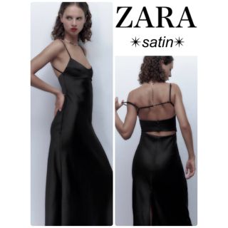 ザラ(ZARA)の匿名配送　新品　ZARA サテン　カットアウト　バックシャン　キャミワンピ　黒(ロングワンピース/マキシワンピース)