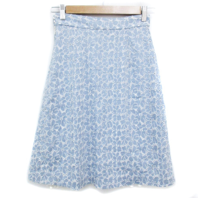 Swingle(スウィングル)のスウィングル フレアスカート ひざ丈 切替 プリーツ 刺繍 花柄 S 青 白  レディースのスカート(ひざ丈スカート)の商品写真
