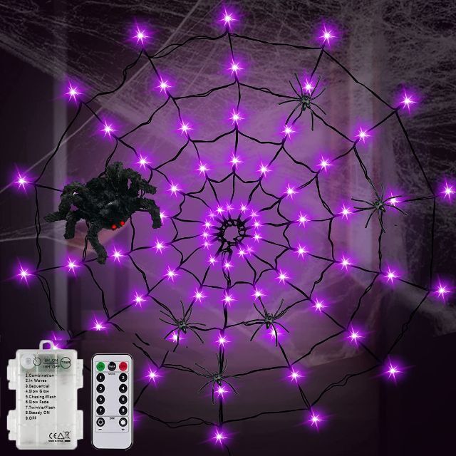 ハロウィン 飾り LED ライト 70LED 8種点灯モード 蜘蛛の巣 直径1.