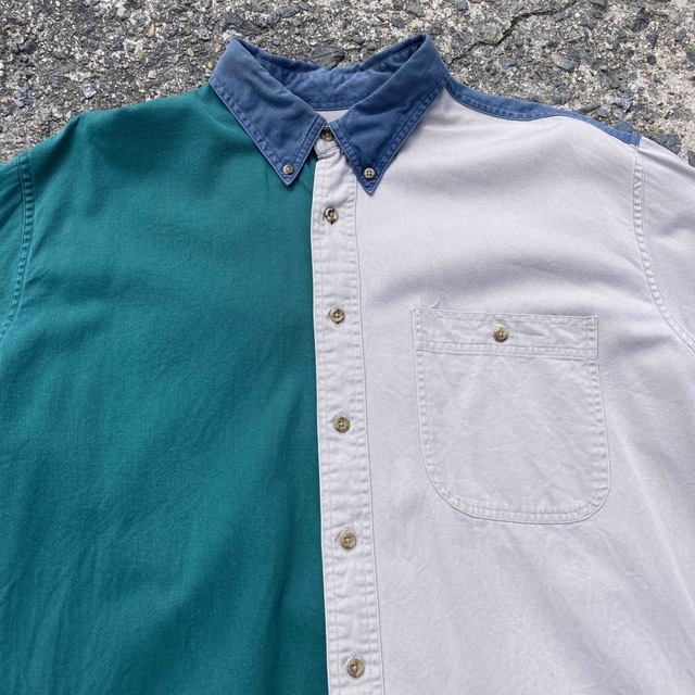 【90sオールド】クレイジーパターン　ビンテージ長袖BDシャツ　切返しカラーグリーン緑色ベージュ