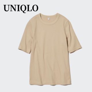 ユニクロ(UNIQLO)のUNIQLOユニクロリブクルーネックTシャツ5分袖ベージュMトップスレディース(Tシャツ(半袖/袖なし))