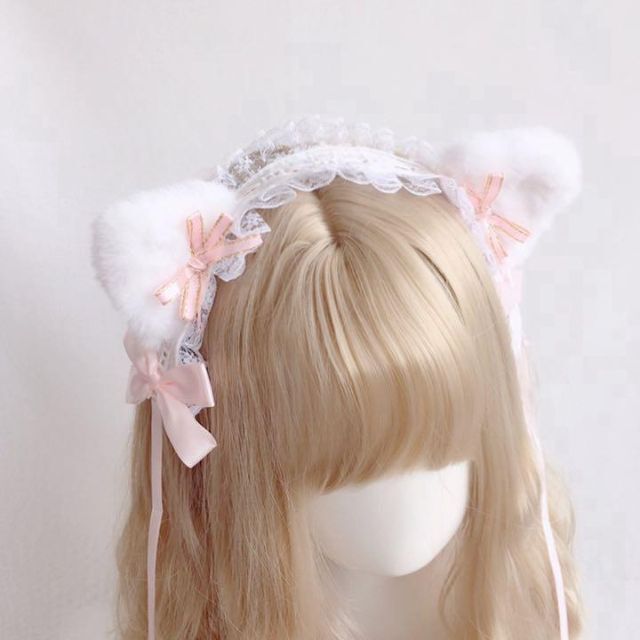 猫耳 フリルレース ヘッドドレス ピンク ロリィタ 髪飾り コスプレ レディースのヘアアクセサリー(ヘアバンド)の商品写真