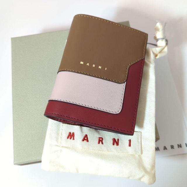 新品 MARNI マルニ 二つ折り財布 ブラウン/ピンク/ボルドー-