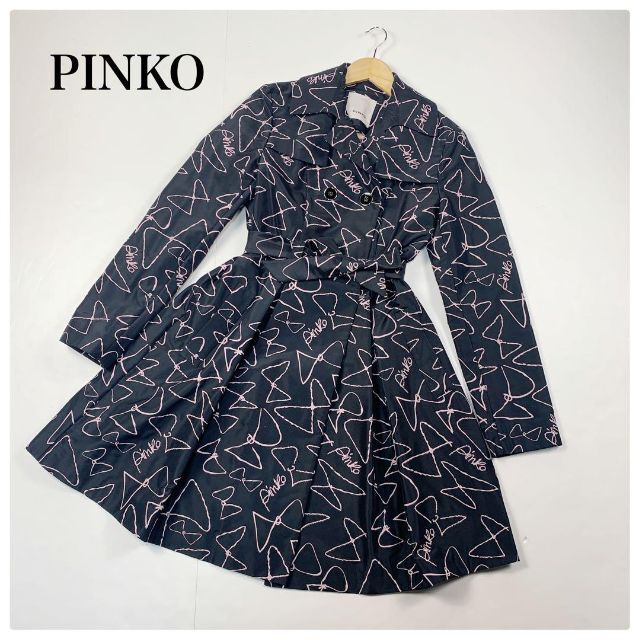 大きいサイズ♪PINKO ピンコ トレンチコート 総柄ロ リボン ブラック ロゴ