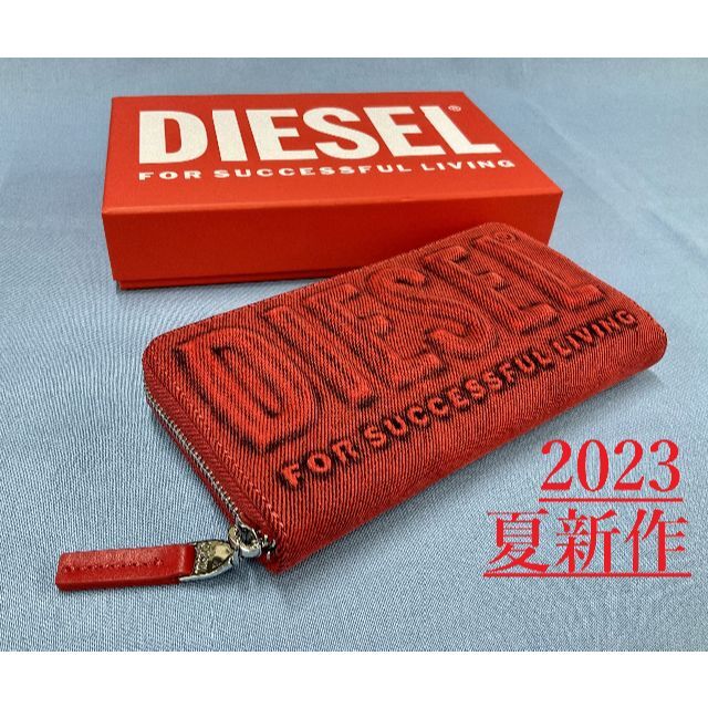 DIESEL - ディーゼル ラウンドジップ ウォレット 0223 レッド ロゴ 