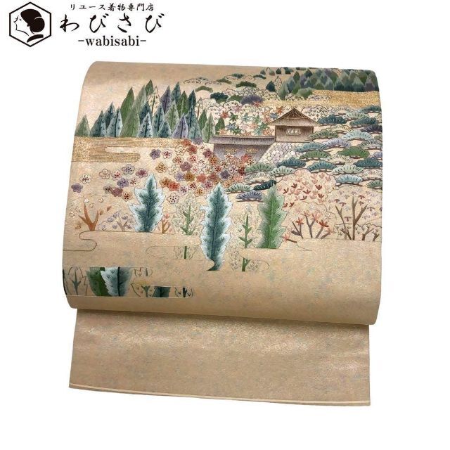 O-1047 袋帯 総刺繍 山々の風景 金駒刺繍