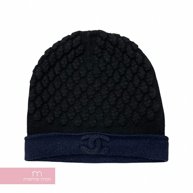 CHANEL Beanie シャネル ビーニー ニットキャップ ニット帽 帽子 ロゴ ココマーク 切替 カシミヤ混 シルク混 ブラック×ネイビー【221207】【新古品】【me04】