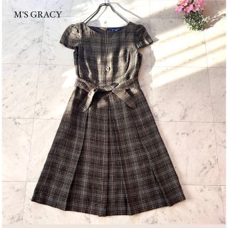 エムズグレイシー(M'S GRACY)のエムズグレイシー　リネン混チェック柄ロングワンピース　大きめプリーツ　麻　M 夏(ロングワンピース/マキシワンピース)