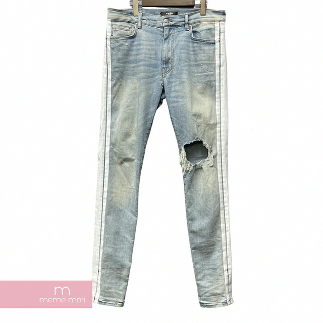 AMIRI Sideline Crush Skinny Jeans アミリ サイドラインクラッシュスキニージーンズ デニムパンツ ダメージ加工 ストレッチ ライトインディゴ×ホワイト サイズ34【230317】【-B】【me04】