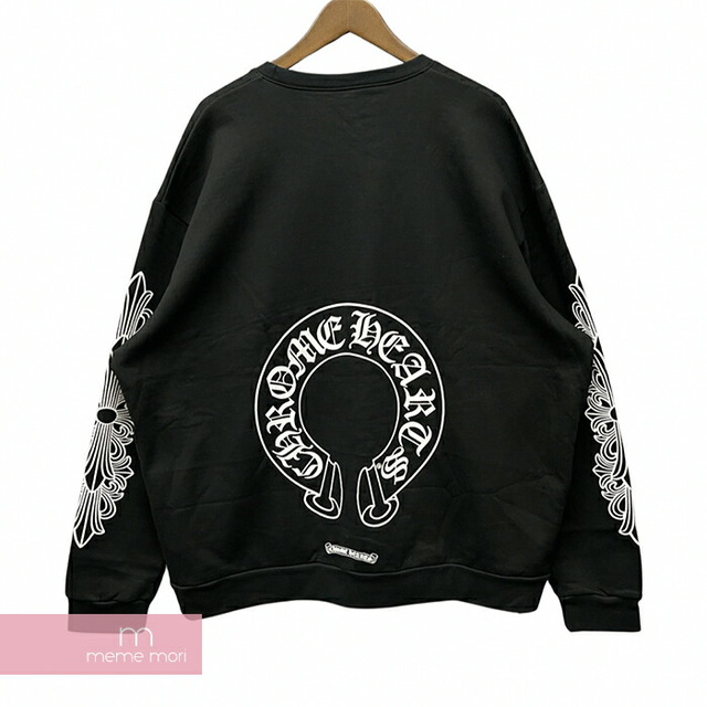 CHROME HEARTS Horseshoe Crewneck Sweatshirt クロムハーツ ホースシュークルーネックスウェットシャツ トレーナー 袖フローラルクロスプリント ブラック サイズXL【230329】【新古品】【me04】