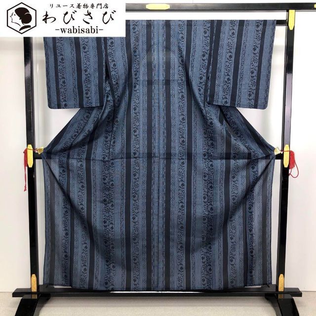 K-3038 夏着物 小紋 紗 縦柄花唐草模様 紺色 お得な情報満載 noxcapital.de