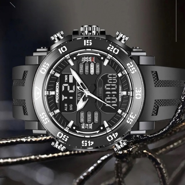 新品 FOXBOX フルブラックデュアルウォッチ メンズ腕時計 ラバーストラップ