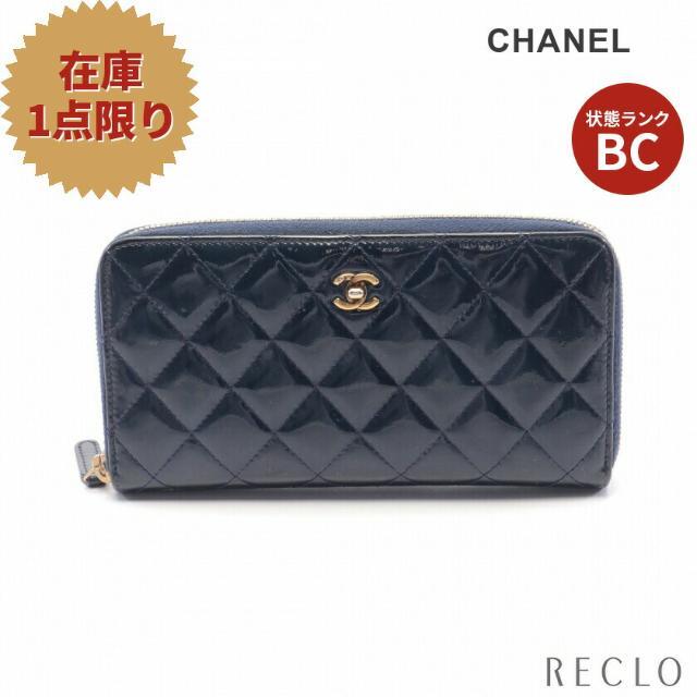 正規品販売! CHANEL ゴールド金具 ネイビー エナメルレザー ラウンド