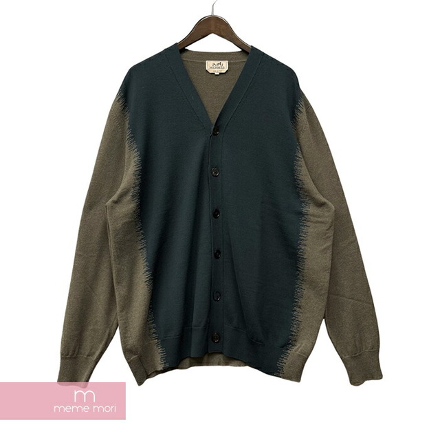 HERMES Cashmere Cardigan エルメス カシミヤカーディガン 切替 ニットカーディガン グレーブルー×ブラウングレー サイズL【230226】【-A】【me04】