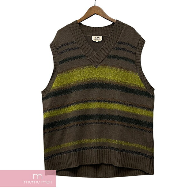 HERMES Knit Vest エルメス ニットベスト ノースリーブセーター カシミヤ混 ボーダー チャコール×ライトグリーン サイズXL【230410】【-A】【me04】