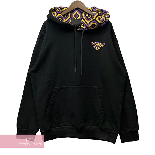 PRADA Hooded Cotton Sweatshirt UJL39A S222 116I プラダ フーデッドコットンスウェットシャツ プルオーバーパーカー トライアングルロゴ 刺繍 総柄ニット切替 ブラック サイズM【230417】【-A】【me04】