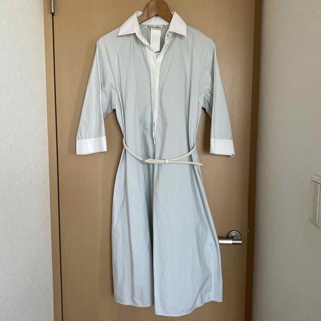 408【美品】MAX MARA シャツワンピース ストライプ 長袖 38 ベルト-