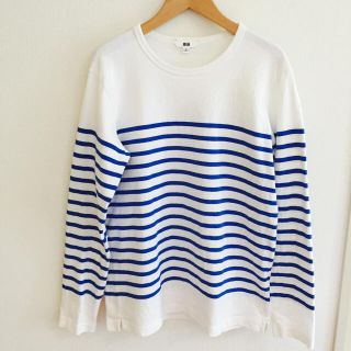 ユニクロ(UNIQLO)のユニクロ ボーダー 白×青 カットソー Tシャツ メンズ 長袖(Tシャツ/カットソー(七分/長袖))