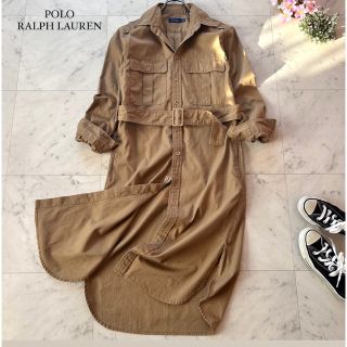 ポロラルフローレン(POLO RALPH LAUREN)のポロラルフローレン　ロングワンピース　コットン　ベルト付　大きめサイズ　L美品(ロングワンピース/マキシワンピース)