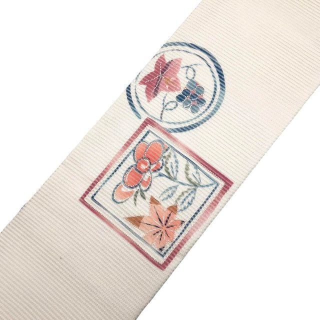 O-2663 夏帯 名古屋帯 絽 相良刺繍 草花 紅葉 巻物 乳白色372幅