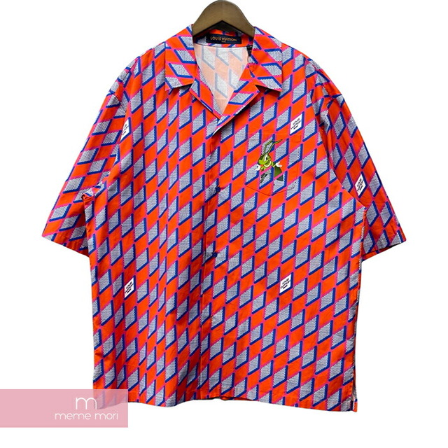 メンズLOUIS VUITTON 2022AW Short Sleeve Shirt 1AAGHR ルイヴィトン ショートスリーブシャツ 半袖オープンカラー総柄シャツ ダミエ・ダイヤモンド コオロギプリント レッド×ブルー サイズXL【230418】【-A】【me04】