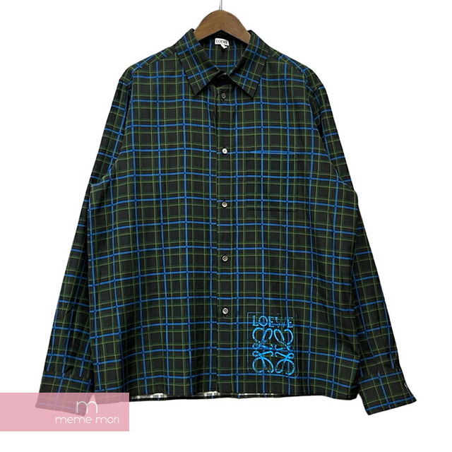 LOEWE 2022SS Anagram Stamp Check Shirt In Silk And Cotton H526Y05W77 ロエベ シルク&コットンアナグラムスタンプチェックシャツ 長袖シャツ アナグラムロゴプリント ブラック×グリーン サイズ39【230331】【新古品】【me04】