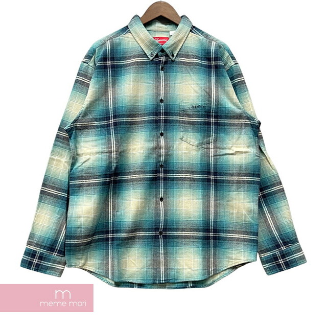 Supreme 2023SS Shadow Plaid Flannel Shirt シュプリーム シャドウプレイドフランネルシャツ グラデーションチェック ボタンダウン クラシックロゴ刺繍 ブルー サイズXL【230319】【新古品】【me04】