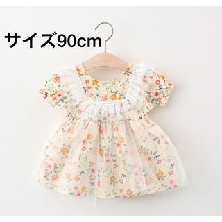 チュール付ワンピース【新品】オシャレ 可愛い小花柄 ベージュ(ワンピース)