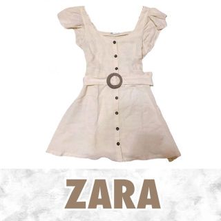 ザラ(ZARA)のZARA ザラ ノースリーブ ミニワンピース フリル Uネック ベージュ リネン(ミニワンピース)