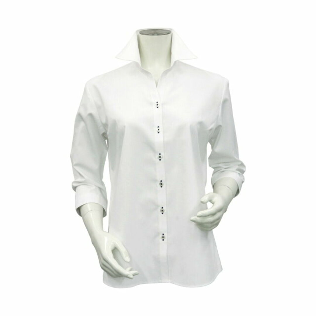 【ホワイト】(W)【透け防止】 形態安定 スキッパー 七分袖 レディースシャツ