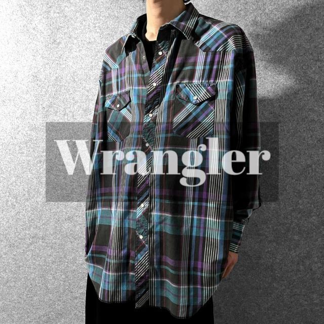 【Wrangler】MIXカラー チェック柄 長袖ウエスタンシャツ 青 紫 XL