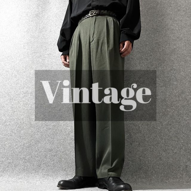 vintage】3タック ワイド ルーズ スラックス 深緑 レトロ W36 - スラックス