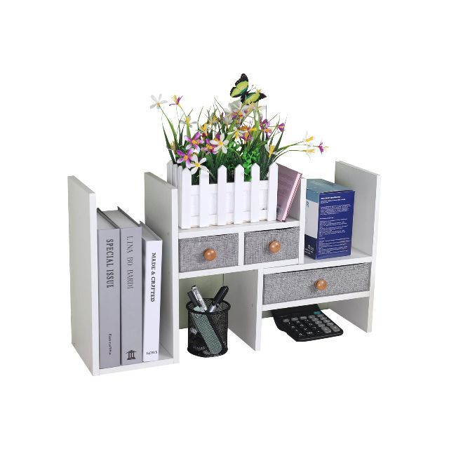 【色: White】MarzoOcho 木製の拡張可能な机上本棚、デスクトップ本