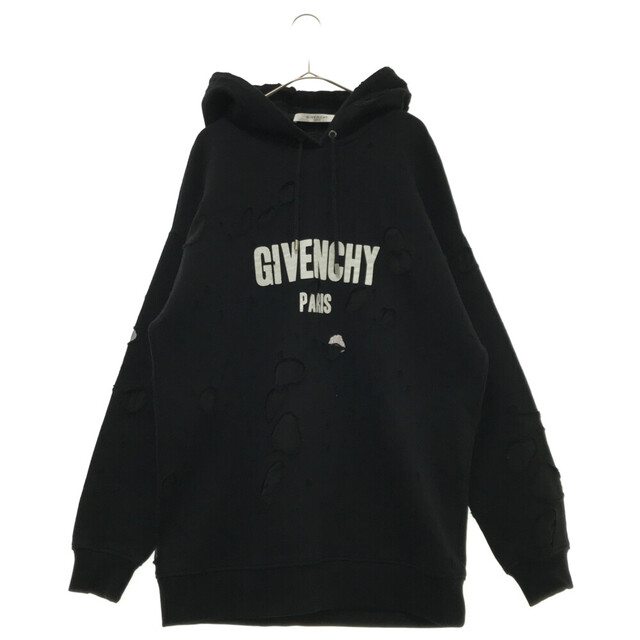 [USED/]GIVENCHY ジバンシィ パーカー ブラック ダメージ加工 ロゴプリント サイズL ブラック コットン ポリウレタン L BW70513Z0L  ai-tdc-002959