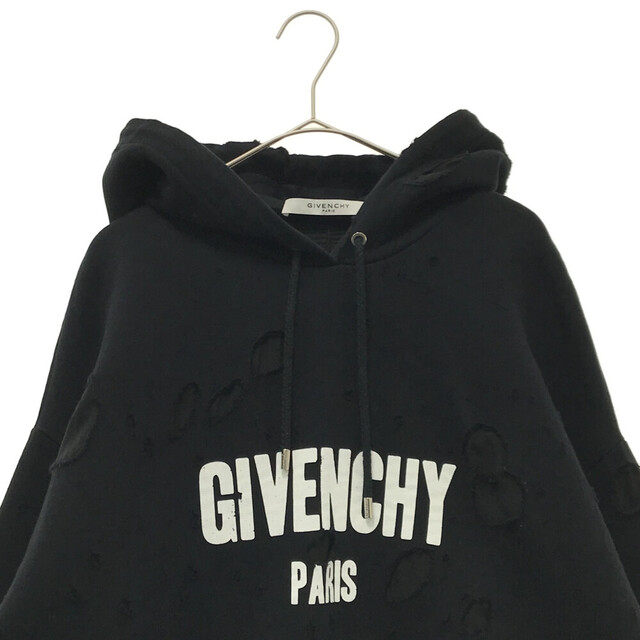 [USED/]GIVENCHY ジバンシィ パーカー ブラック ダメージ加工 ロゴプリント サイズL ブラック コットン ポリウレタン L BW70513Z0L  ai-tdc-002959