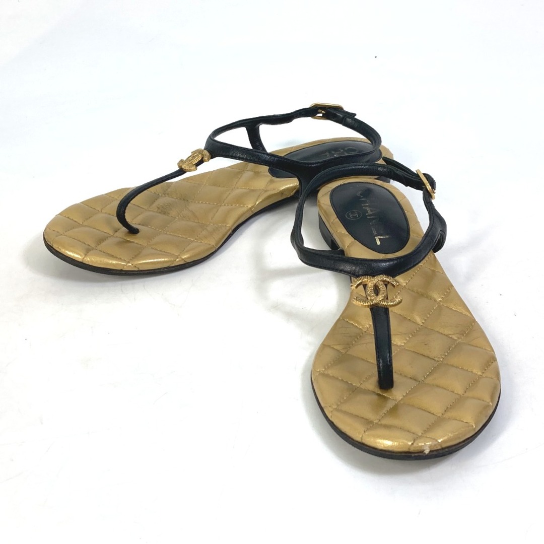 シャネル CHANEL CC ココマーク マトラッセ キルティング ストラップ 靴 フラット ペタンコ サンダル レザー ゴールド6JP靴サイズ