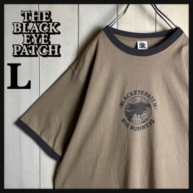 人気Lサイズ】ブラックアイパッチ☆センターロゴ入りリンガーTシャツ