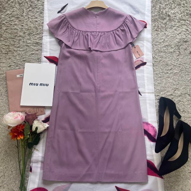 【美品】MIU MIU フリルワンピース パープル 38 半袖 膝丈