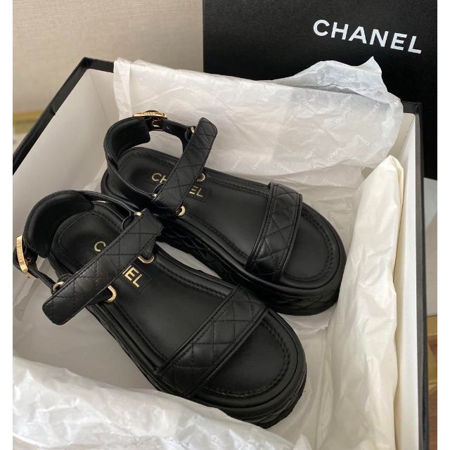 CHANEL ラムスキン 厚底サンダル Black 国内完売 本物 www