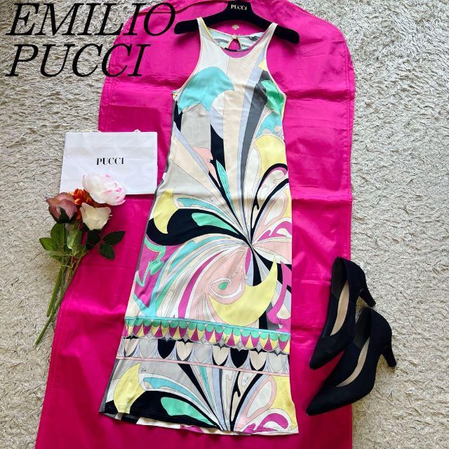 【良品】EMILIO PUCCI プッチ柄ロングワンピース ノースリーブ Mのサムネイル