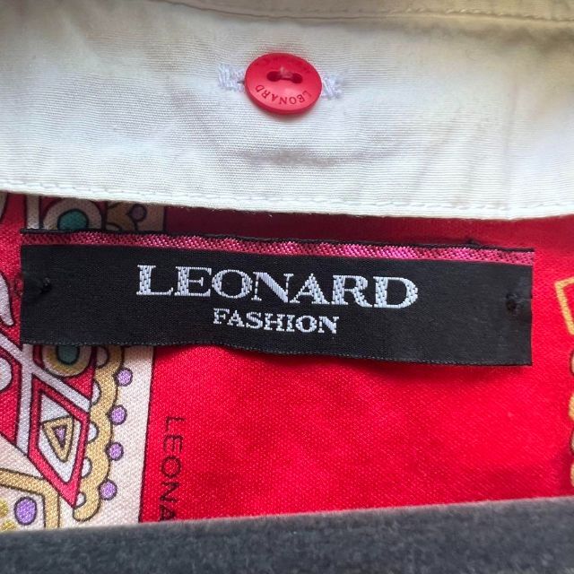 【良品】LEONARD 白襟総柄ワンピース レッド ベルト ノースリーブ 42 7