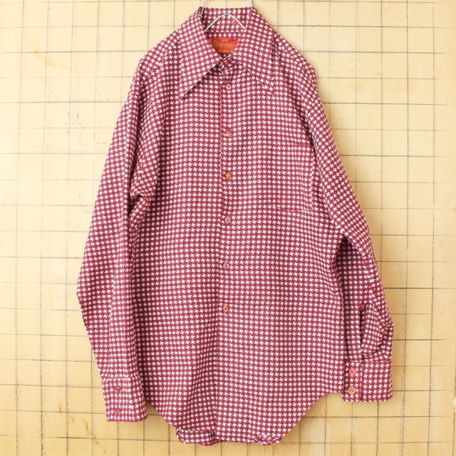 70s 80s USA Sears 総柄 ポリシャツ レッド M 長袖 ss62