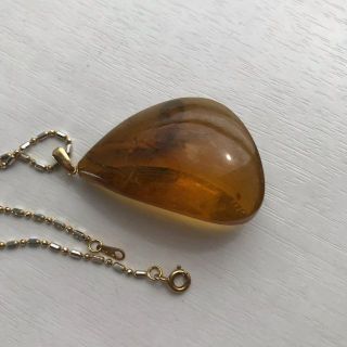 琥珀 アンバーペンダントトップ 虫入り K18 ネックレスチェーン付の
