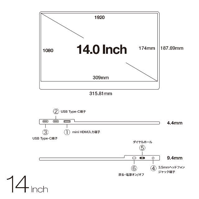 株ユニーク モバイル液晶モニター プロメテウスモニター 14インチ スタンダード